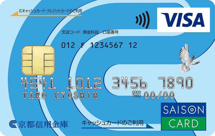 「京信セゾンカード」のカードデザイン画像。薄い水色に京都信用金庫のマークが水色で大きく描かれている。左下に青色の文字で京都信用金庫のロゴが記載されている。