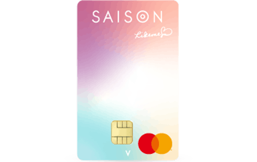 「Likeme by saison card」のカードデザイン。縦型で白地に、左上から時計回りに紫、ピンク、イエロー、水色の丸いグラデーション模様が入っている。カード上部に白色のSAISONのロゴ、その下にLikemeのロゴが記載されている。クレジットカード番号や有効期限の記載はない。