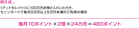 例えば... 毎月10ポイント×2倍×24ヵ月=480ポイント