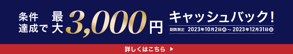 条件達成で最大3,000円をキャッシュバック！/期間：2023年10月2日〜2023年12月31日