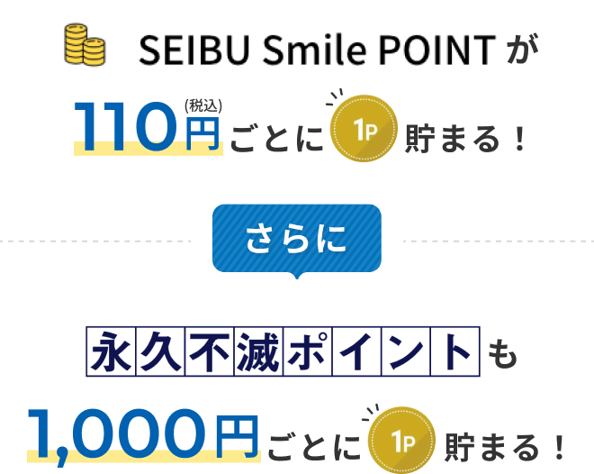 SEIBU Smile POINTが110円（税込）ごとに1ポイント貯まる！さらに永久不滅ポイントも1,000園ごとに1ポイント貯まる！