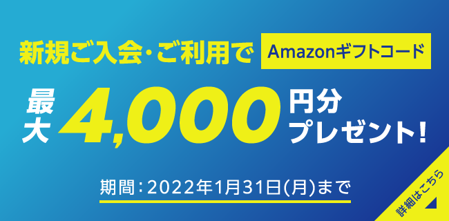 新規ご入会・ご利用でAmazonギフトコード 最大4,000円分プレゼント