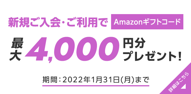 新規ご入会・ご利用でAmazonギフトコード 最大4,000円分プレゼント