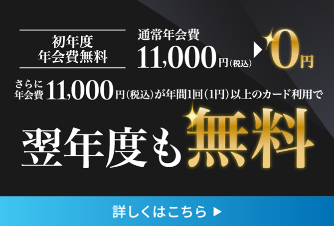 初年度年会費無料 通常年会費11,000円（税込）のところ0円 さらに年会費11,000円（税込）が年間1回（1円）以上のカード利用で翌年度も無料