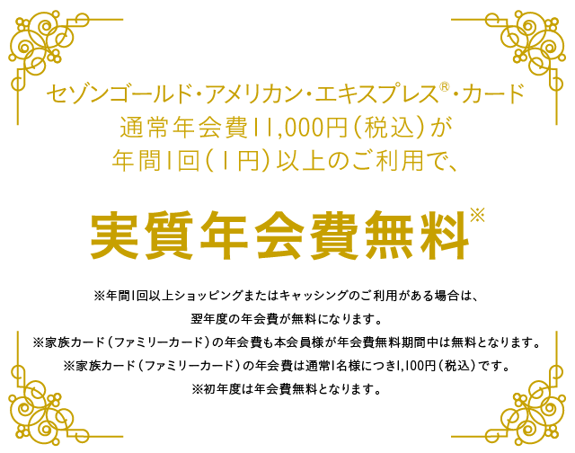 通常年会費11,000円(税込)が年間1回(1円)以上のご利用で、実質年会費無料