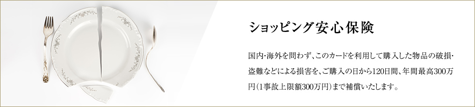 ショッピング安心保険 国内・海外を問わず、このカードを利用して購入した物品の破損・盗難などによる損害を、ご購入の日から120日間、年間最高300万円（1事故上限額300万円）まで補償いたします。