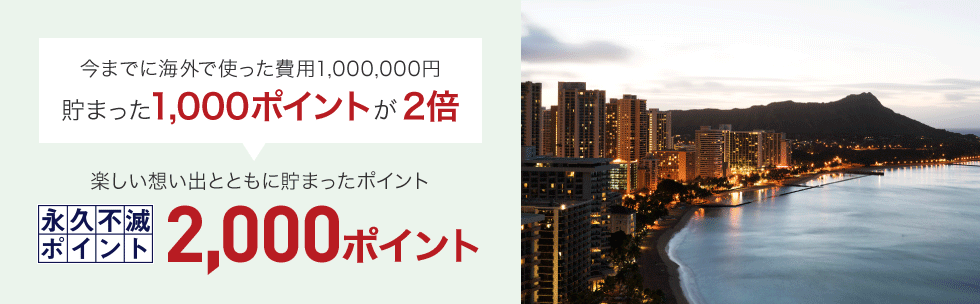 今までに海外で使った費用1,000,000円貯まった1,000ポイントが2倍楽しい想い出とともに貯まったポイント永久不滅ポイント2,000ポイント