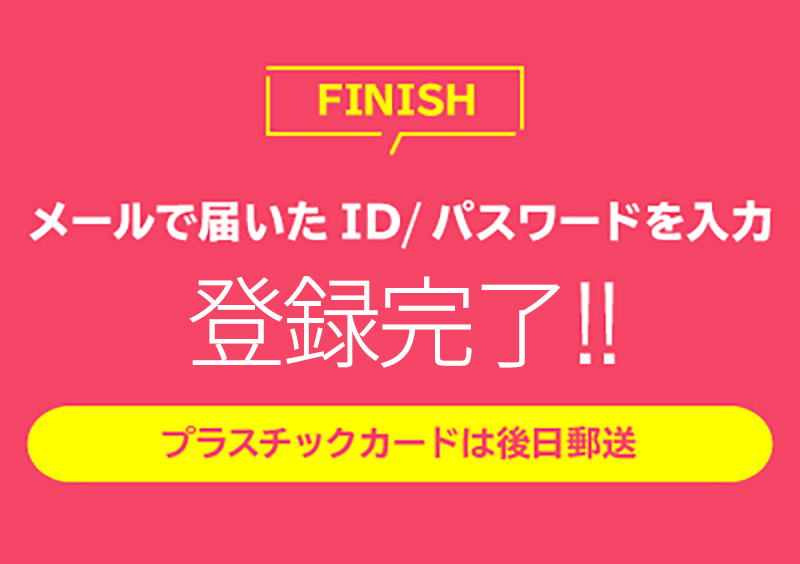 メールで届いたID／パスワードを入力 登録完了!! プラスチックカードは後日郵送