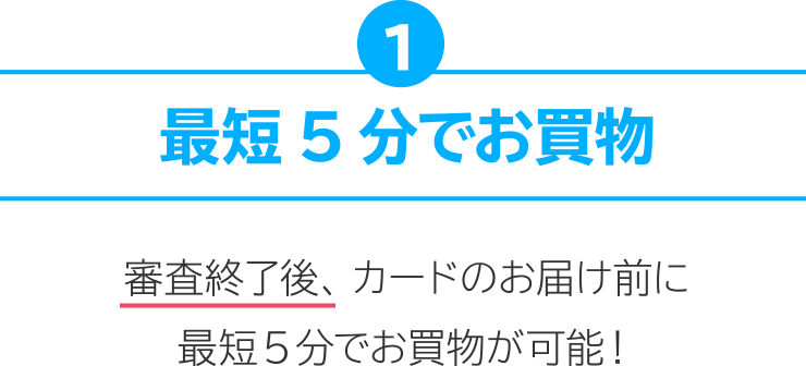 1.最短5分でお買物 審査終了後、カードのお届け前に最短5分でお買物が可能！