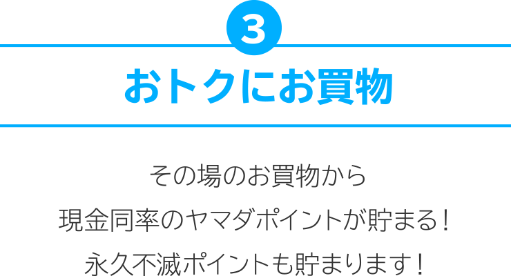 3.おトクにお買物 その場のお買物から現金同率のヤマダポイントが貯まる！永久不滅ポイントも貯まります！