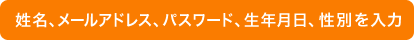 姓名、メールアドレス、パスワード、生年月日、性別を入力