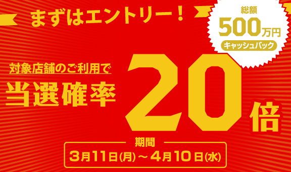 ショッピング合計10万円(税込)以上ご利用いただいた方の中から抽選で500名様に1万円キャッシュバック！