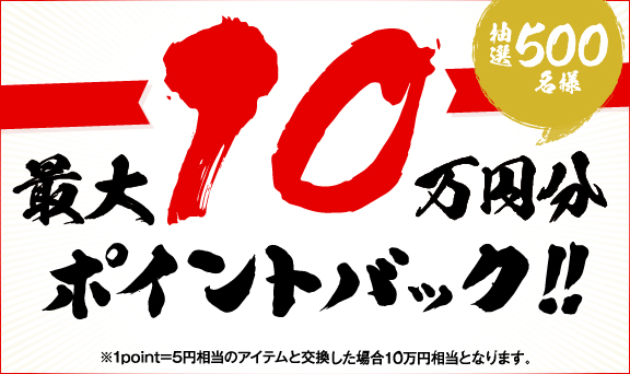 ショッピング合計10万円(税込)以上ご利用いただいた方の中から抽選で500名様にご利用金額の10%分の永久不滅ポイントをプレゼント！