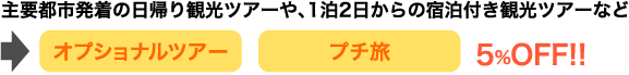 主要都市発着の日帰り観光ツアーや、1泊2日からの宿泊付き観光ツアーなど