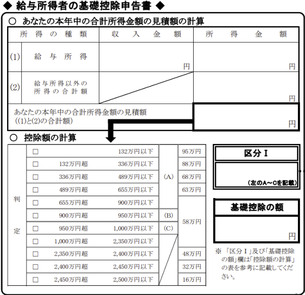 給与所得者の基礎控除申告書