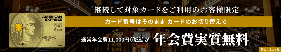 継続して対象カードをご利用のお客様限定 カード番号はそのままカードお切り替えで通常年会費11,000円（税込）が年会費実質無料