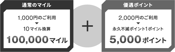 通常のマイル100,000マイル＋優遇ポイント5,000ポイント