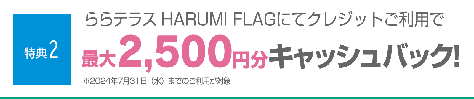 ＜特典2＞ららテラス HARUMI FLAGにてクレジットご利用で最大2,500円分キャッシュバック！