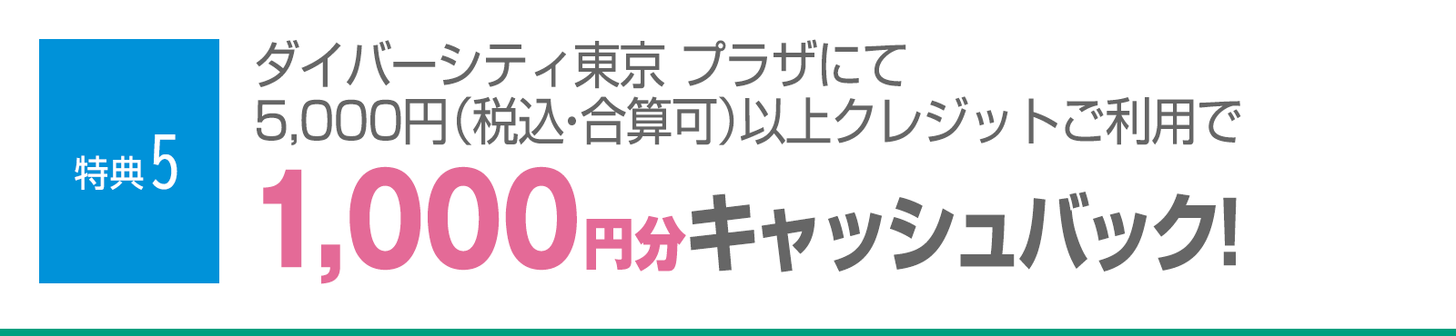 ＜特典5＞ダイバーシティ東京プラザにて5,000円（税込・合算可）以上クレジットご利用で1,000円分キャッシュバック！