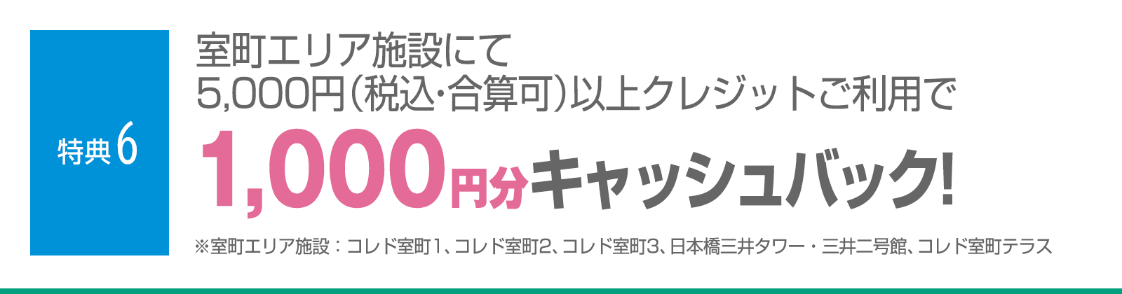 ＜特典6＞室町エリア施設にて5,000円（税込・合算可）以上クレジットご利用で1,000円分キャッシュバック！