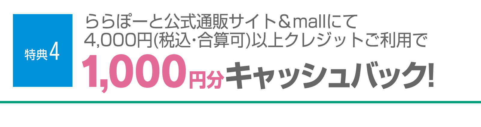 ＜特典4＞三井ショッピングパーク公式通販サイト &mall にて4,000円(税込・合算可)以上クレジットご利用で1,000円分キャッシュバック