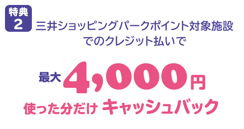 三井ショッピングパークポイント対象施設でのクレジット払いで最大4,000円使った分だけキャッシュバック