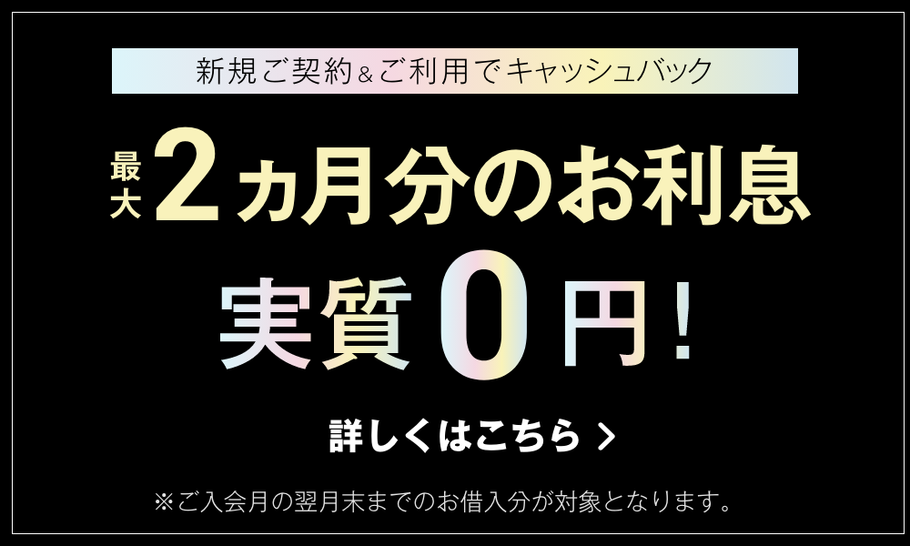 新規ご契約＆ご利用でキャッシュバック 最大2ヵ月分のお利息 実質0円！ 詳しくはこちら