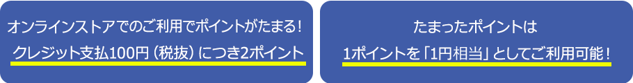 オンラインストアでのご利用でポイントがたまる！クレジット支払100円（税抜）につき2ポイント　たまったポイントは1ポイントを「1円相当」としてご利用可能！