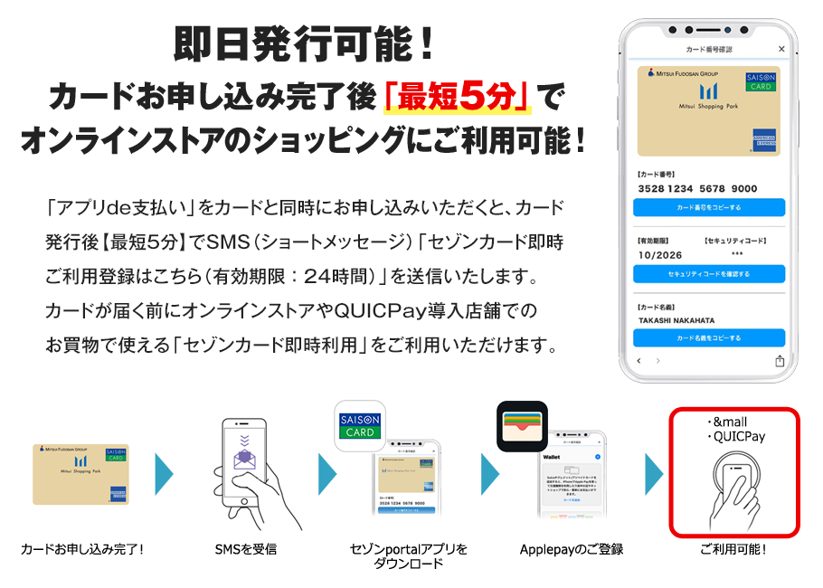 カード申し込み完了後「最短5分」でオンラインストアのショッピングにご利用可能！