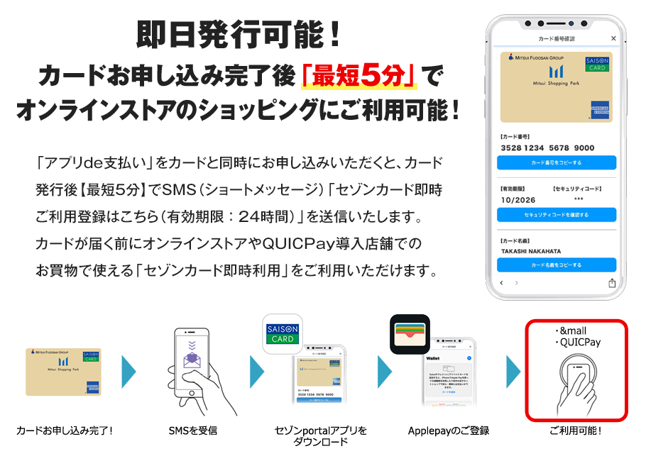 カード申し込み完了後「最短5分」で &mallのショッピングにご利用可能！