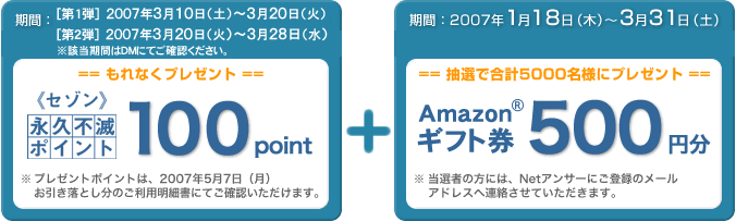sZ]tivsŃ|Cg100PointȂv[gE\ԁF[1e]2007/3/10`3/20 [2e]2007/3/20`3/28 v[g|CǵA2007N57ijƂ̂p׏ɂĂmF܂B@@{@@AmazonMtg500~Iōv5000lɃv[gE\ԁF2007/1/18`2007/3/31@I҂̕ɂ́ANetAT[ɂo^̃[AhX֘AĂ܂B