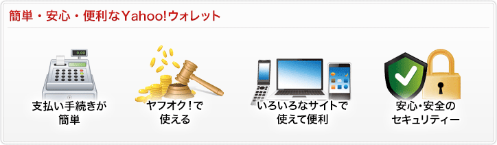 簡単・安心・便利なYahoo!ウォレット 支払い手続きが簡単 ヤフオク！で使える いろいろなサイトで使えて便利 安心・安全のセキュリティー