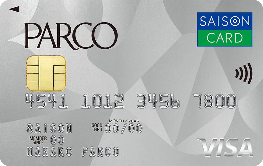 「PARCOカード」のカードデザイン。銀色の背景に、左上に大きく黒色のPARCOのロゴが記載されている。
