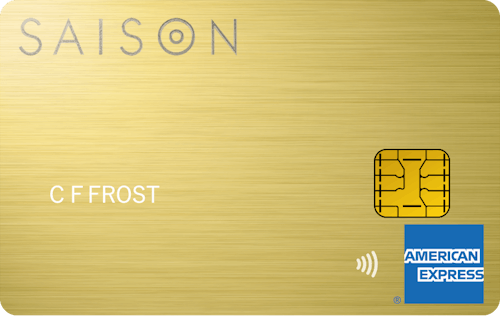 「SAISON GOLD Premium」のカードデザイン。メタリックな金色の背景に、左上に銀色でSAISONのロゴ、右下にAMERICAN EXPRESSのロゴが記載されている。