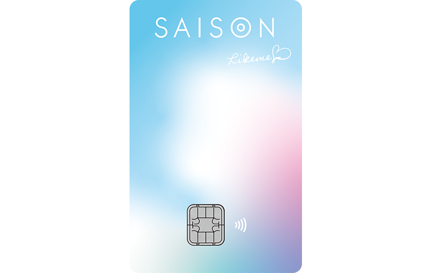「Likeme by saison card Digital」のカードデザイン。縦型で白地に、左上から時計回りに水色、ピンク、紫の丸いグラデーション模様が入っている。カード上部に白色のSAISONのロゴ、その下にLikemeのロゴが記載されている。クレジットカード番号や有効期限の記載はない。
