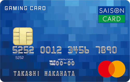 「セゾンゲーミングカード」の券面画像。青色の四角をちりばめたモザイク柄の背景に、左上に白色のGAMING CARDのロゴが記載されている。