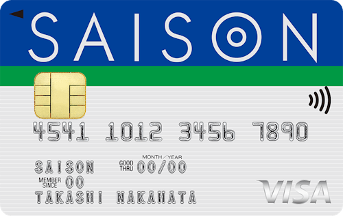 「セゾンカードインターナショナル」の券面画像。グレーと白色の細かいボーダー柄。カード上部に青色の背景色に大きく白色のSAISONのロゴ、その下に緑色の横線が入っている。
