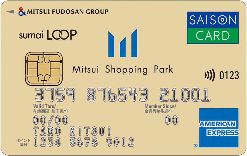 「三井ショッピングパークカード《セゾン》LOOP」カードデザイン。ベージュの背景に、左上にMITSUI FUDOUSAN GROUPのロゴとその下にsumai LOOPのロゴ、中央にMitsui Shopping Parkのロゴが記載されている。