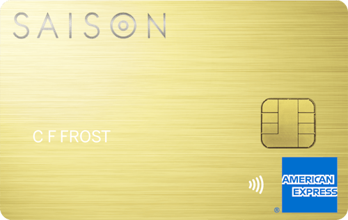 「SAISON GOLD Premium」のカードデザイン。メタリックな金色の背景に、左上に銀色でSAISONのロゴ、右下にAMERICAN EXPRESSのロゴが記載されている。