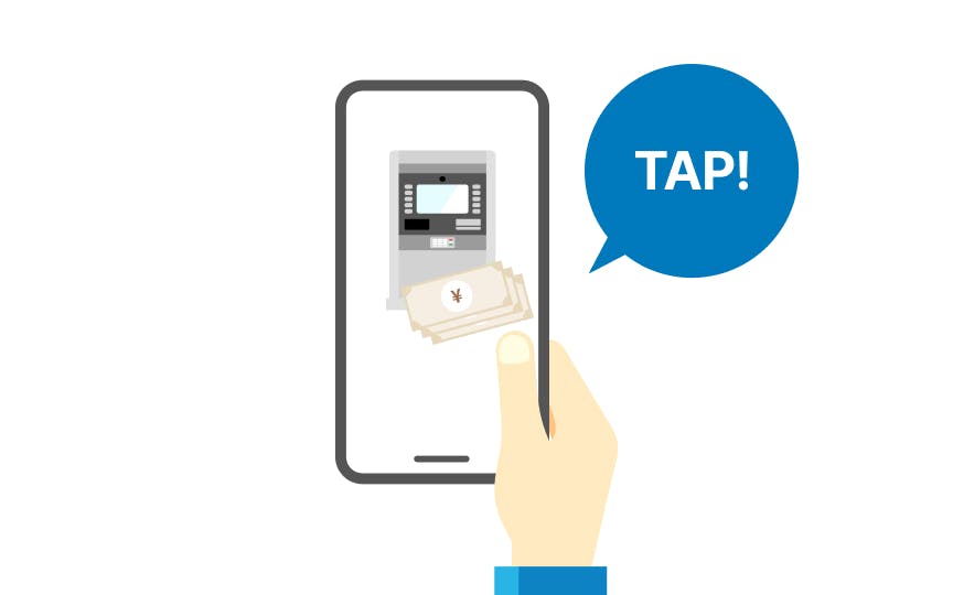 スマートフォンでオンラインキャッシングを利用し、口座へ入金している様子