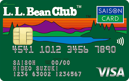 「L.L.Bean Clubカードセゾン」のカードデザイン。緑色の背景に山と湖のイラストが描かれている。左上に白色でL.L.Bean Clubのロゴが記載されている。