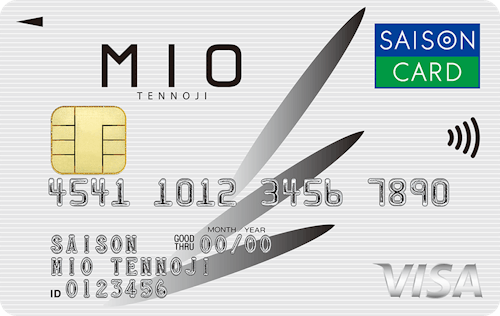 「MIO CLUBセゾンカード」の券面画像。薄いベージュの背景に、全面に細い白色の横線が入ったボーダー柄。左上にMIO TENNOJIのロゴが記載されている。
