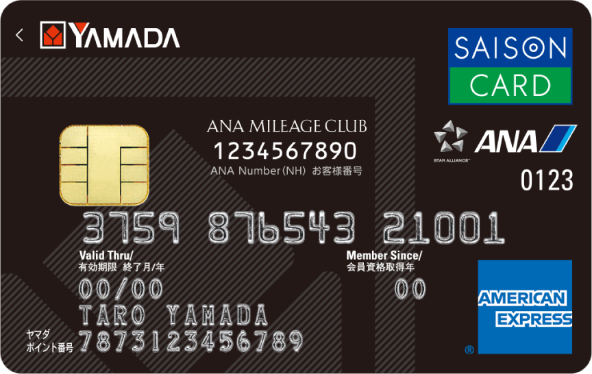 「ヤマダLABI ANAマイレージクラブカードセゾン・アメリカン・エキスプレス®・カード」の券面画像。黒色の背景にヤマダLABIのマークが薄く描かれている。左上にヤマダLABIのロゴ、中央にANA MILEAGE CLUBのお客様番号、右側にANAのロゴが記載されている。
