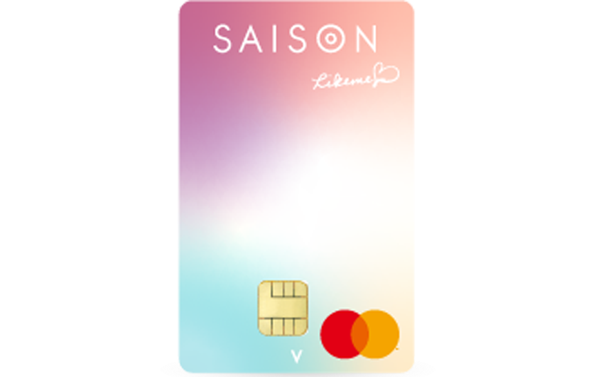 「Likeme by saison card」の券面画像。縦型で白地の券面に、左上から時計回りに紫、ピンク、イエロー、水色の丸いグラデーション模様が入っている。カード上部に白色のSAISONのロゴ、その下にLikemeのロゴが記載されている。クレジットカード番号や有効期限の記載はない。