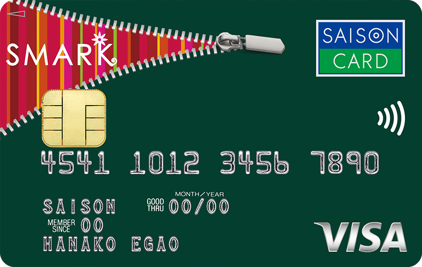 「SMARKカードセゾン チャック柄カード」の券面画像。緑色の背景に、上部に左端から右にチャックを開くようなイラストが大きく描かれており、チャックの中からはピンクを中心としたストライプ柄が覗いている。左上に白色でSMARKのロゴが記載されている。
