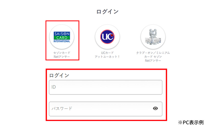ログイン画面の「セゾンカードNetアンサー」ボタンと「ログインID」と「パスワード」の入力欄を指したキャプチャ画像。※PC表示例