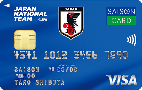 「JAPANカードセゾン」のカードデザイン。青色の背景に、左上にJAPAN NATIONAL TEAMのロゴ、中央にサッカー日本代表のエンブレムが記載されている。
