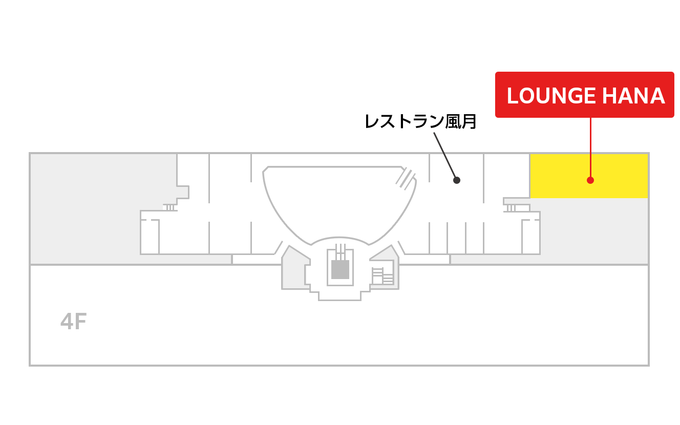 空港ラウンジ「LOUNGE HANA」の地図。