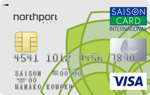 「Northportカードセゾン」の券面画像。グレーのカード券面画像。黄緑色の背景に、Northportのマークが大きく描かれている。左上に濃いグレーでNorthportのロゴが記載されている。