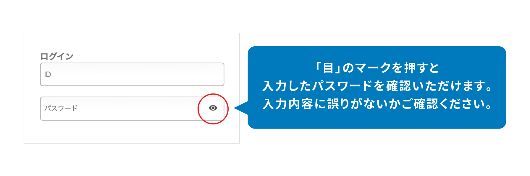 「目」のマークを押すと入力したパスワードを確認いただけます。入力内容に誤りがないかご確認ください